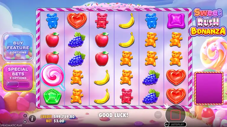 Sweet Rush Bonanza session spin 593 - base game with credit $99,759.80 at $2.00 stake