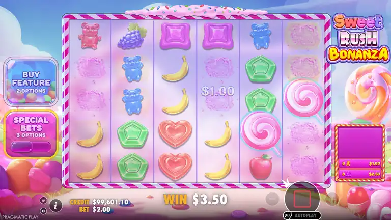 Sweet Rush Bonanza session spin 892 - base game win $3.50 with credit $99,601.10 at $2.00 stake