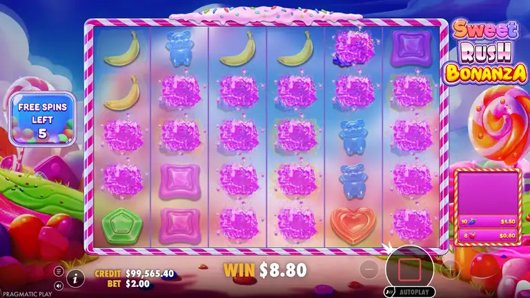 Sweet Rush Bonanza FREE SPINS feature - FREE SPINS LEFT 5 counter visible, pink candy clusters across the 6x5 grid