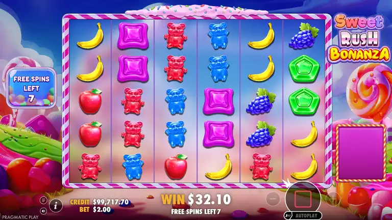 Sweet Rush Bonanza second FREE SPINS round - FREE SPINS LEFT 7, WIN $32.10 with credit $99,717.70