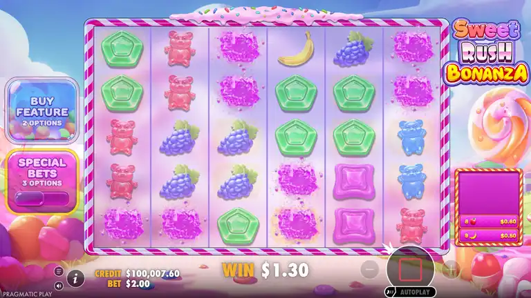 Sweet Rush Bonanza session peak balance - credit $100,007.60 in the base game, above the $100,000.00 starting figure